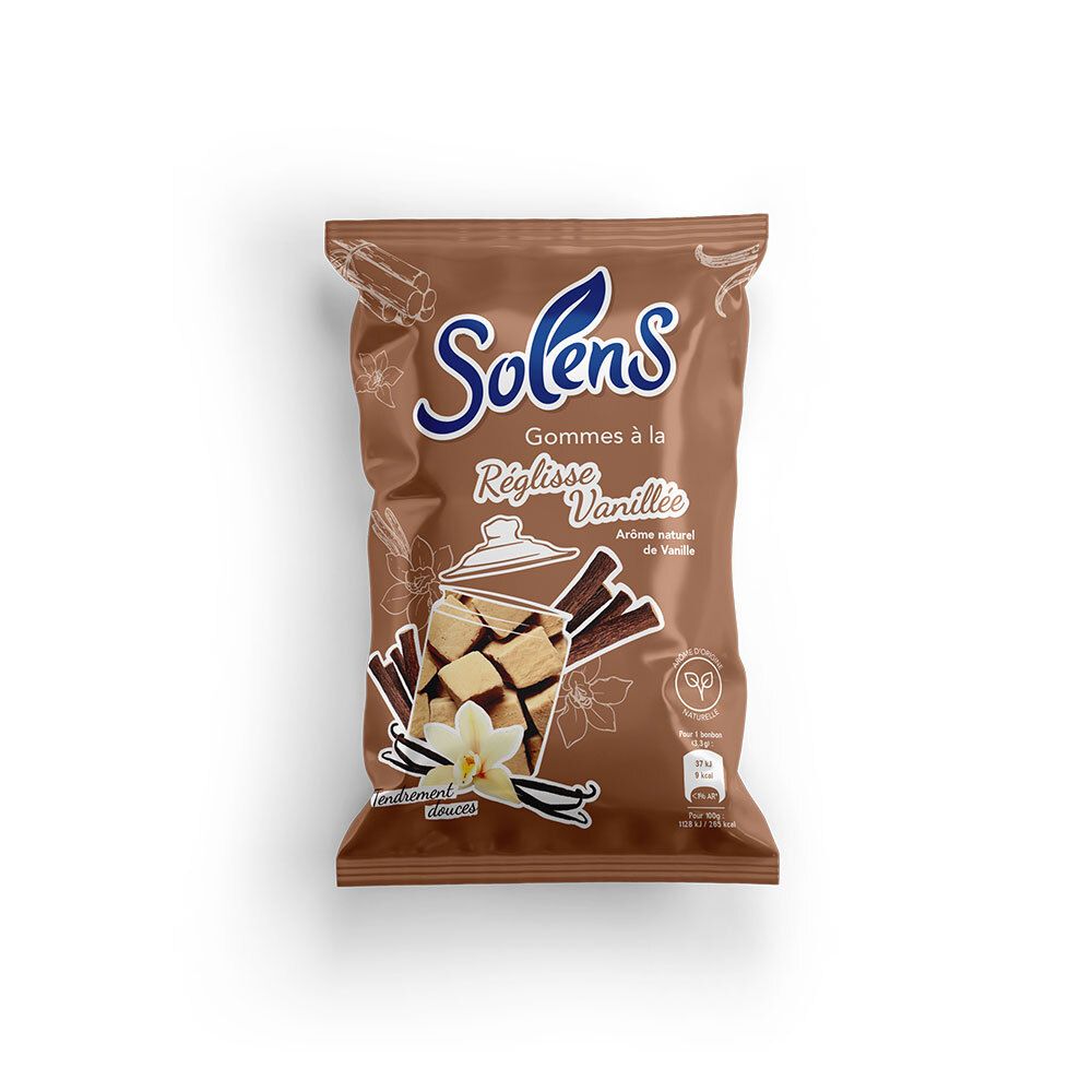 Sachet marron de Solens Gommes à la Réglisse Vanille. Inscription du nom du produit, illustrations de vanille et de réglisse. Sceau.