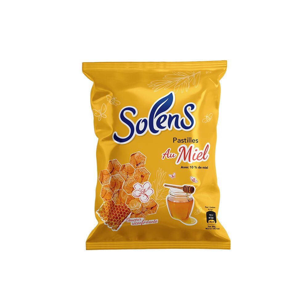 Sachet jaune Solens Pastilles Au Miel. Illustration d'un rayon de miel, pot de miel et cuillère. Inscription: Avec 10% de miel.
