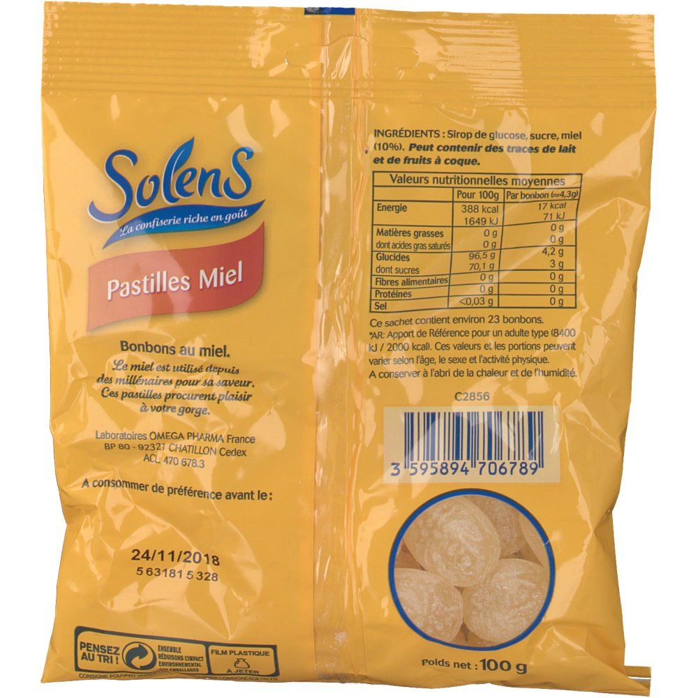 Dos du sachet jaune Solens Pastilles Miel. Contient informations nutritionnelles, ingrédients et code-barres. Contenu: 100g.