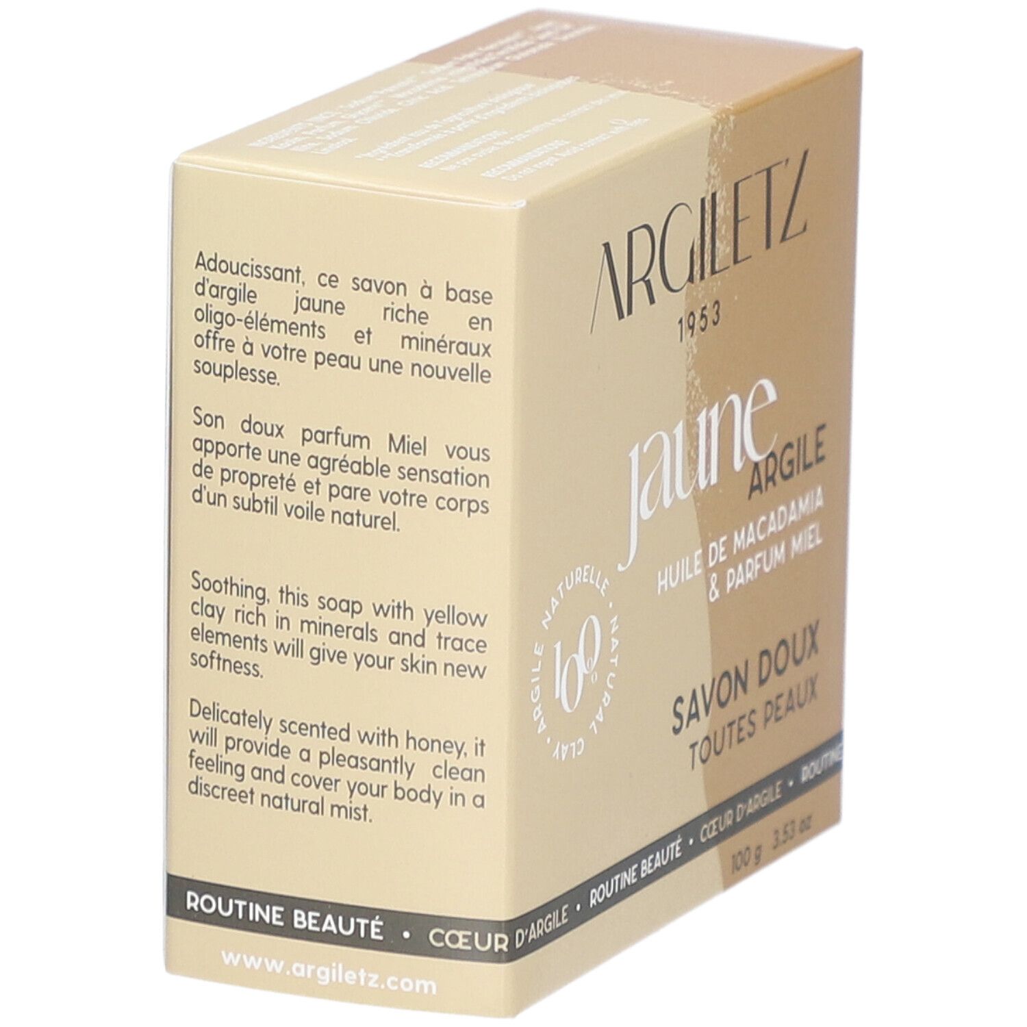 Kartonverpackung mit Produktinformationen. Text auf Französisch. Aufschrift: Argiletz, jaune argile, huile de macadamia & parfum miel, Savon doux.