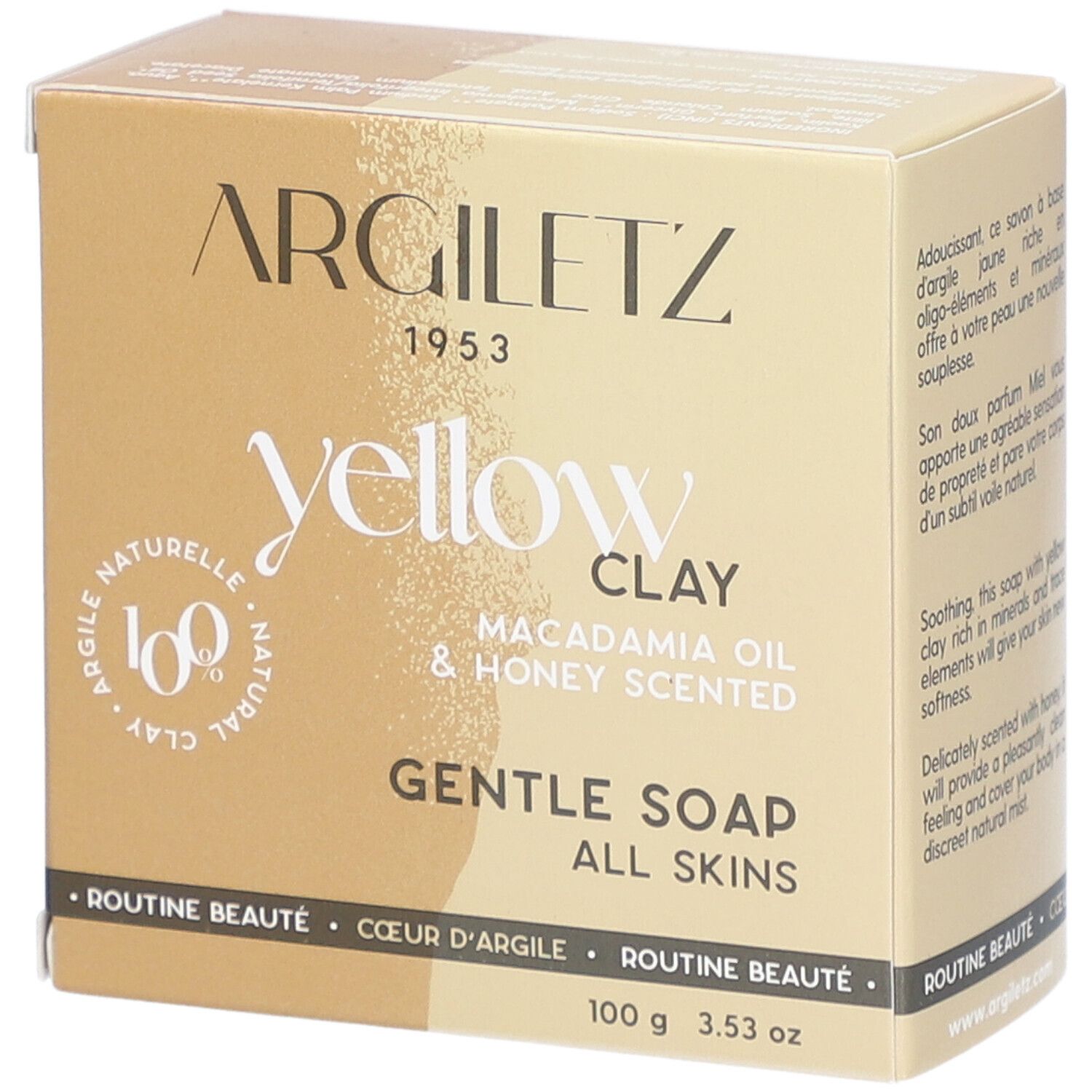Kartonverpackung mit Produktinformationen. Aufschrift: Argiletz, yellow clay, macadamia oil & honey scented, gentle soap, all skins.