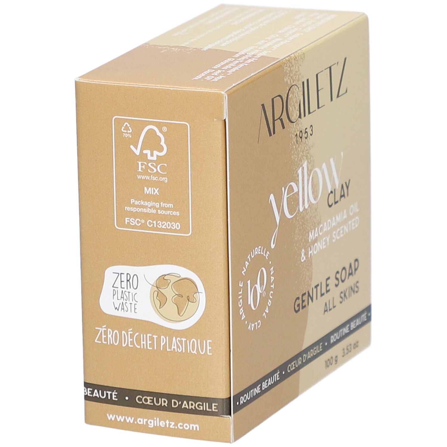 Kartonverpackung mit Produktinformationen. Aufschrift: Argiletz, yellow clay, macadamia oil & honey scented, gentle soap, all skins. FSC-Logo.