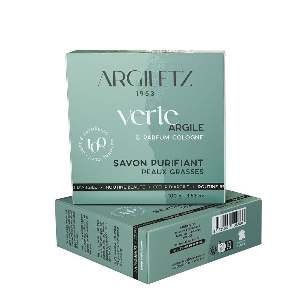 Zwei grüne Kartons. Aufschrift: Argiletz, verte Argile & Parfum Cologne. Savon Purifiant Peaux Grasses. 100 g.