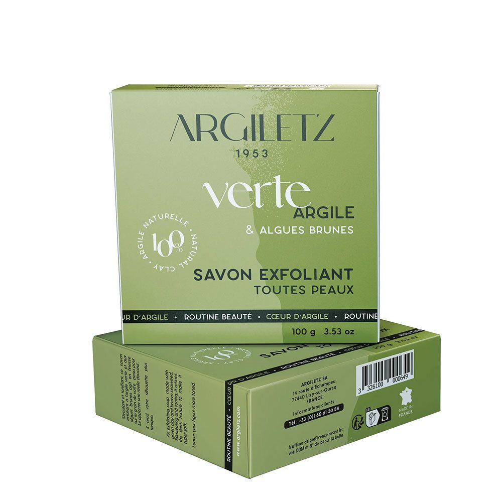 Grüne Kartonverpackung mit Argiletz-Logo. Text: Verte Argile & Algues brunes, Savon Exfoliant, Toutes Peaux. 100% natürliche Tonerde.