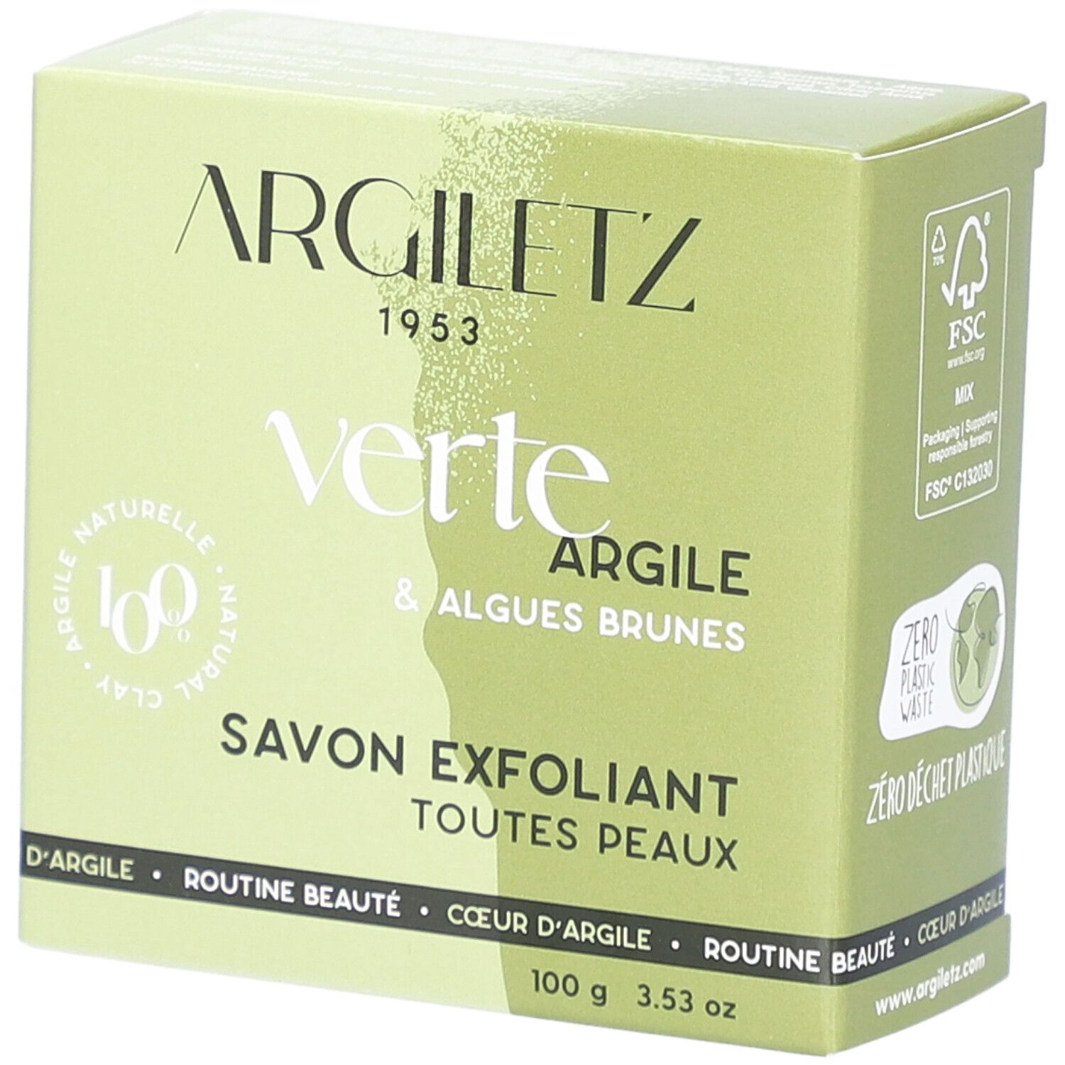 Boîte verte Argiletz. Texte: Verte Argile & Algues Brunes, Savon Exfoliant. Labels FSC et Zero Déchet Plastique. 100 g.