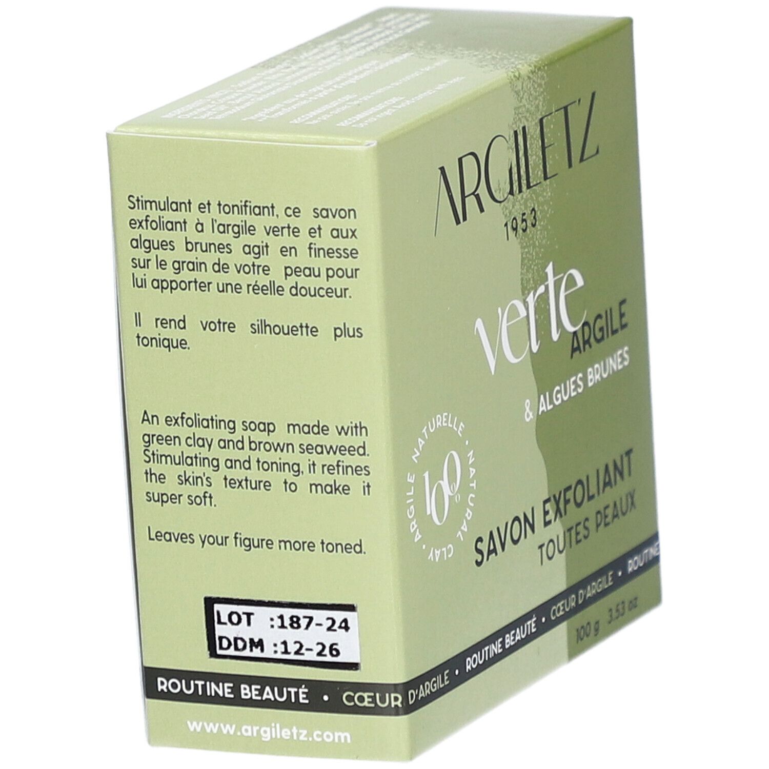 Boîte verte Argiletz. Texte: Verte Argile & Algues Brunes, Savon Exfoliant. Texte anglais. Numéro de lot et date de péremption.