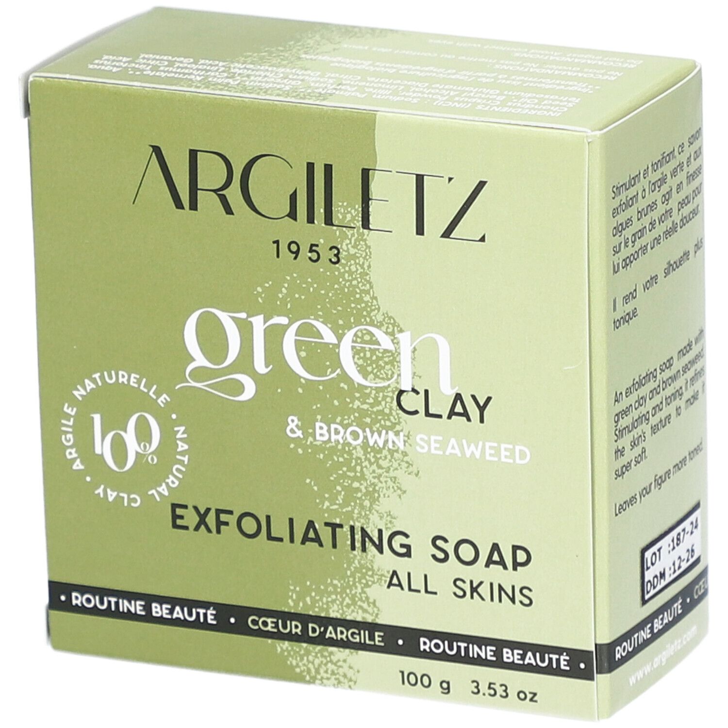Boîte verte Argiletz. Texte: Green Clay & Brown Seaweed, Exfoliating Soap, All Skins. 100 g. Label FSC.