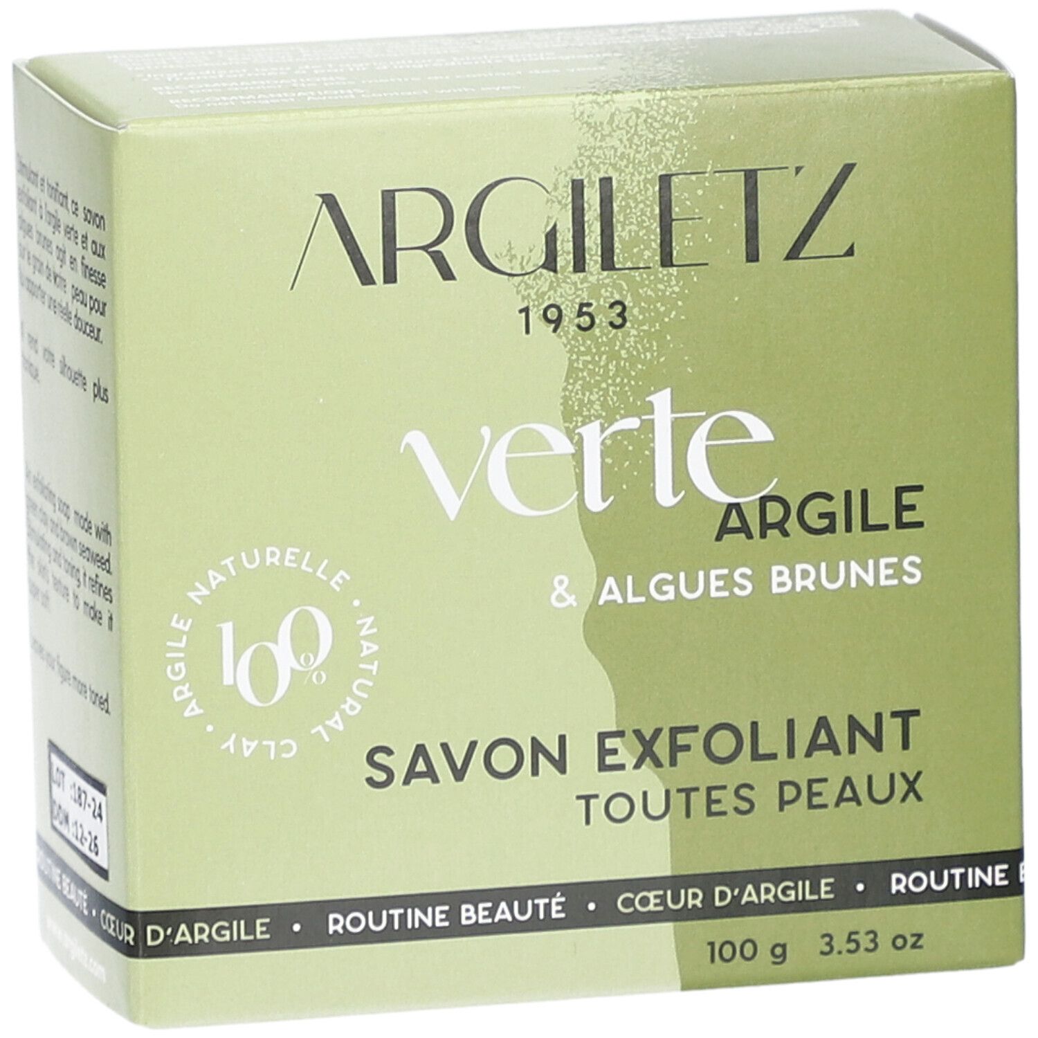 Boîte verte Argiletz. Texte: Verte Argile & Algues Brunes, Savon Exfoliant, Toutes Peaux. 100 g.