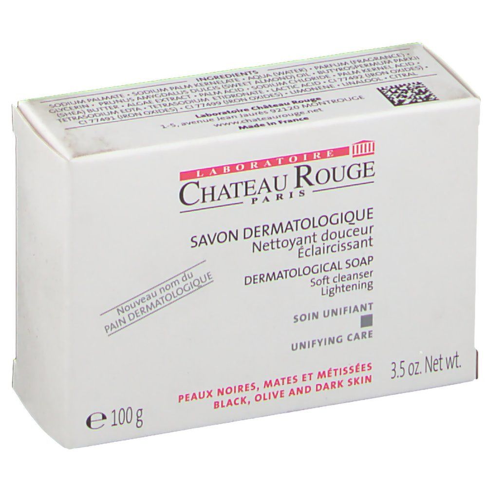 Weiße Verpackung mit Produktinformationen. Aufschrift: LABORATOIRE CHÂTEAU ROUGE PARIS, SAVON DERMATOLOGIQUE. 3.5 oz Net Wt.