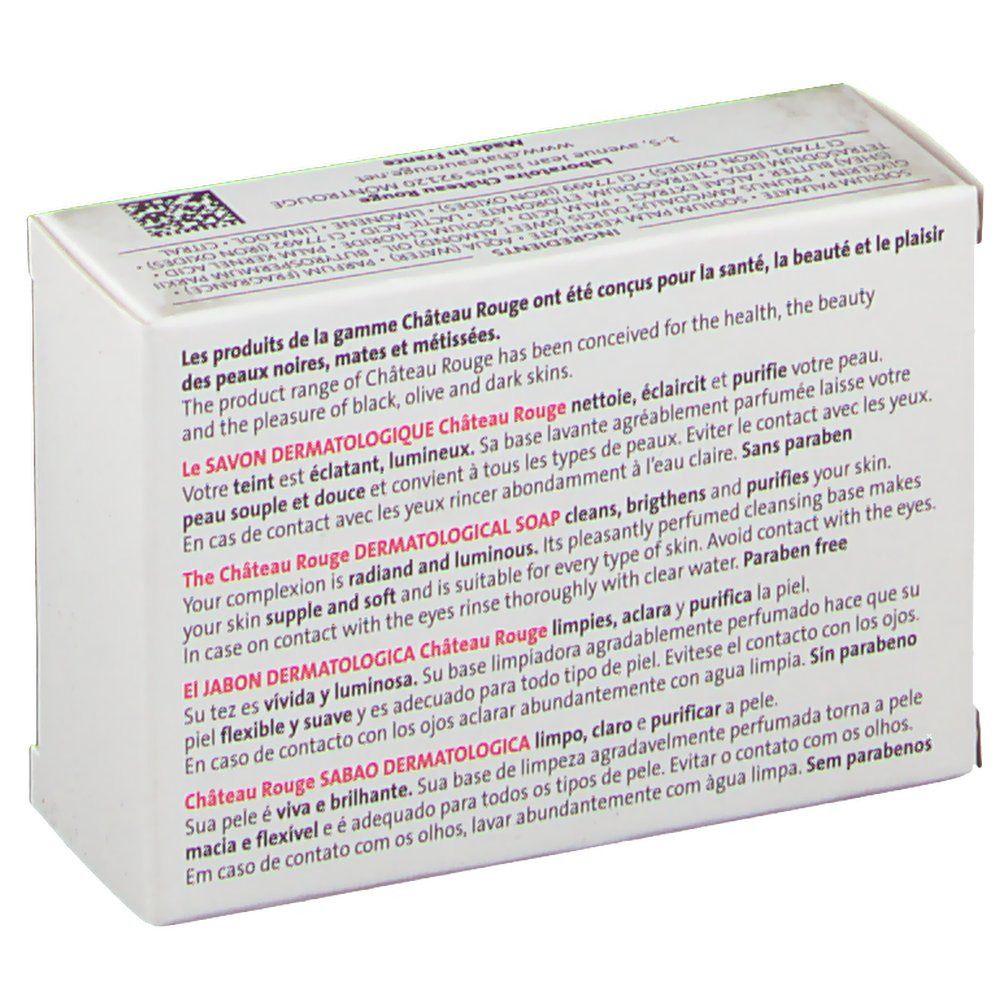 Rückseite der weißen Verpackung. Text in mehreren Sprachen. Produktname: SAVON DERMATOLOGIQUE. Informationen zu Inhaltsstoffen und Anwendung.