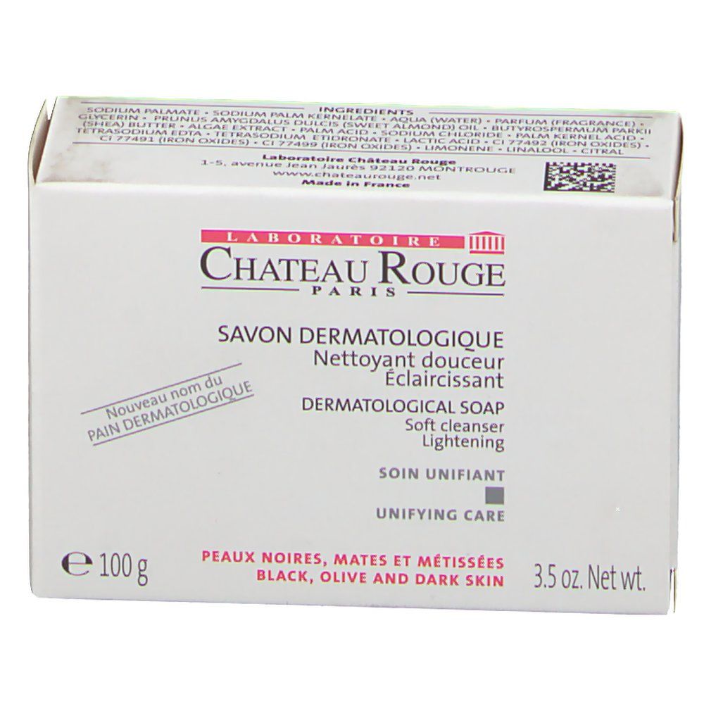 Weiße Verpackung mit Produktinformationen. Aufschrift: LABORATOIRE CHÂTEAU ROUGE PARIS, SAVON DERMATOLOGIQUE. 3.5 oz Net Wt.
