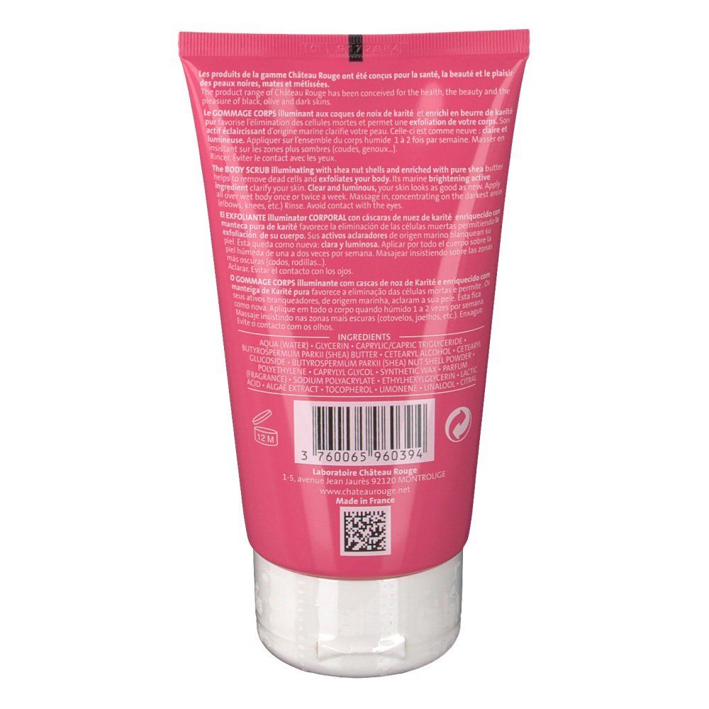 Rückseite einer rosa Tube. Text in mehreren Sprachen, darunter französisch. Barcode und Inhaltsstoffe sind sichtbar.