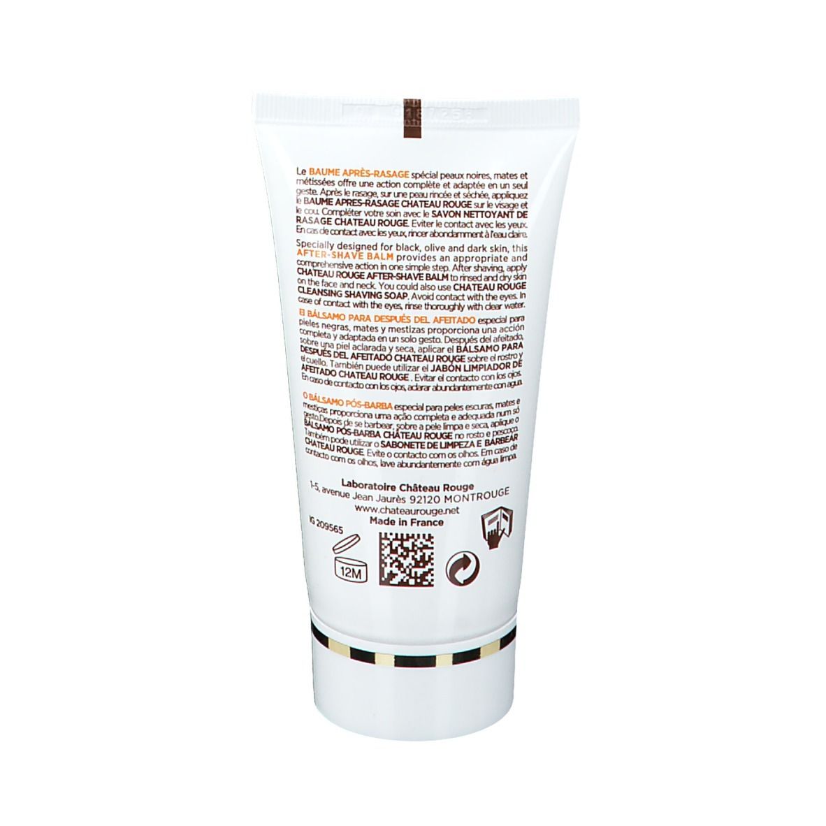 Rückseite der Tube. Text in mehreren Sprachen. Logo und Informationen zu Château Rouge.