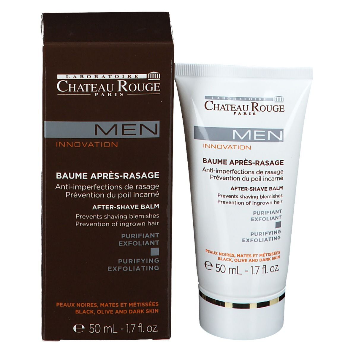 Produktverpackung und Tube. Aufschrift: Château Rouge, Men, Baume Après-Rasage. 50 ml.