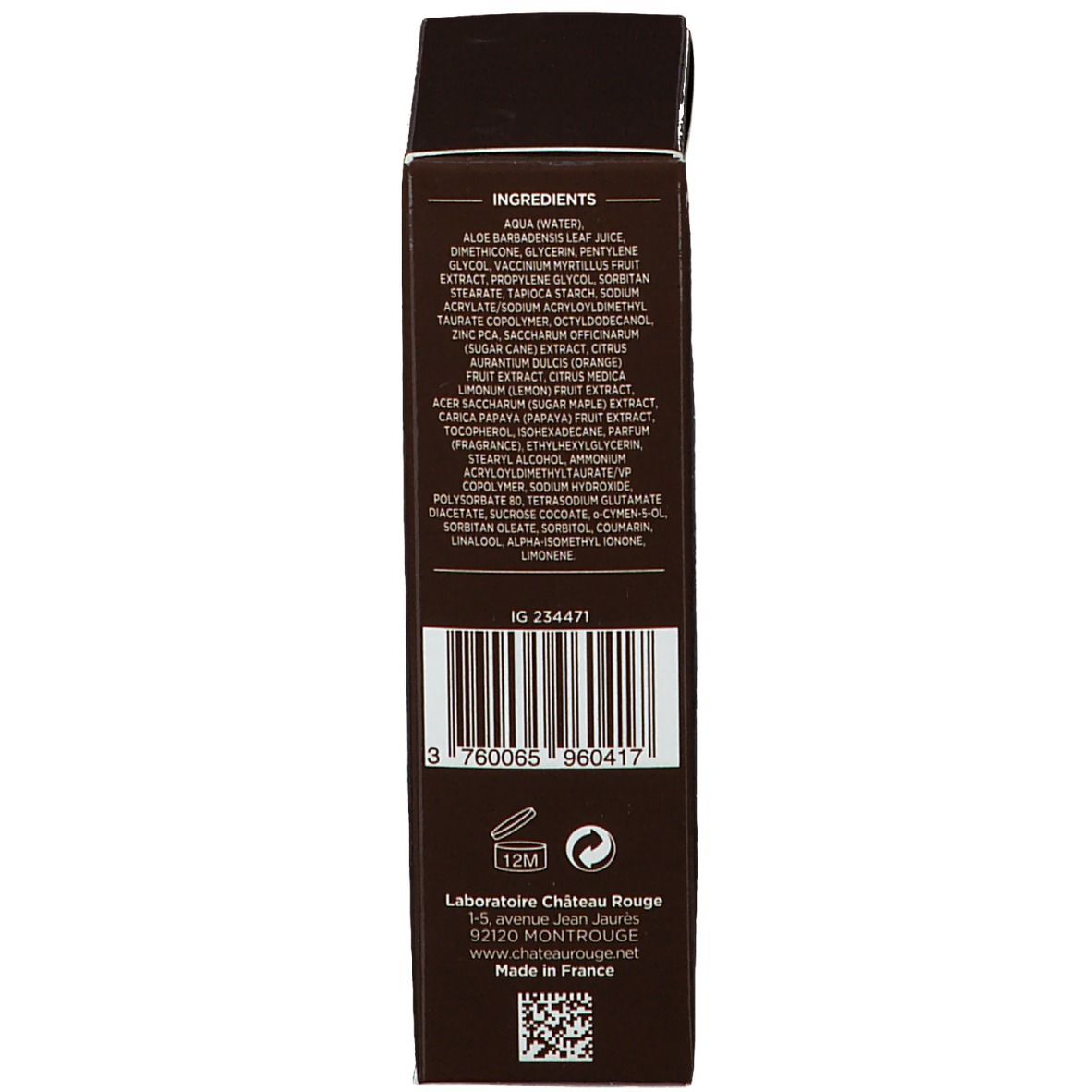 Rückseite der Verpackung. Zutatenliste. Informationen zu Château Rouge.