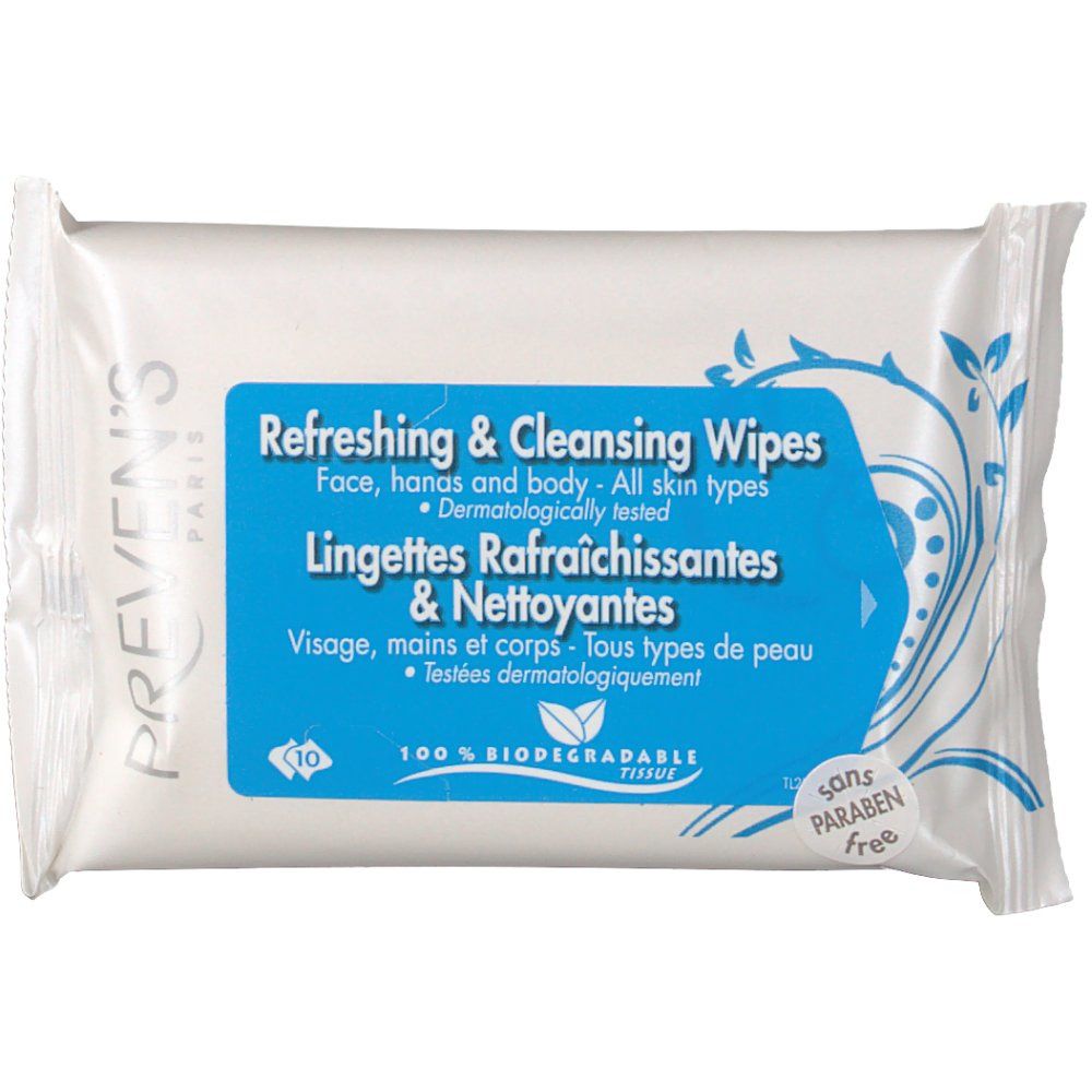 Paquet blanc avec texte bleu. Lingettes Rafraîchissantes & Nettoyantes. Testé dermatologiquement. 100% biodégradable.