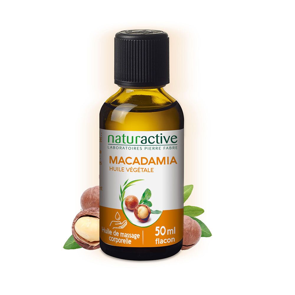 Braune Glasflasche mit schwarzem Deckel und Etikett. Aufschrift: MACADAMIA Huile végétale. Daneben Macadamia-Nüsse.