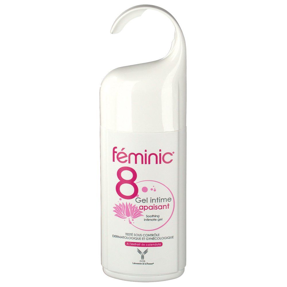 Féminic 8 gel intime apaisant dans un flacon blanc avec étiquette rose et fleur de lotus.