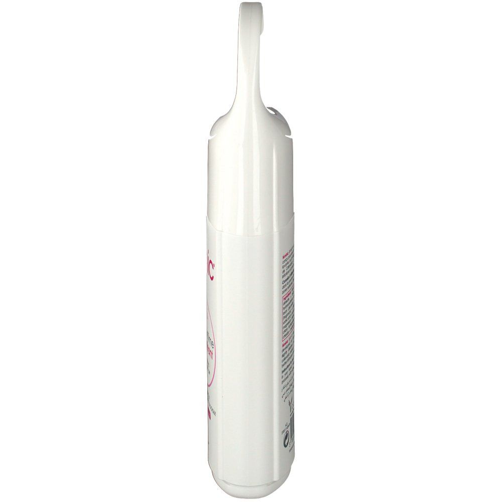Vue latérale du flacon blanc de Féminic 8 gel intime apaisant avec étiquette rose.