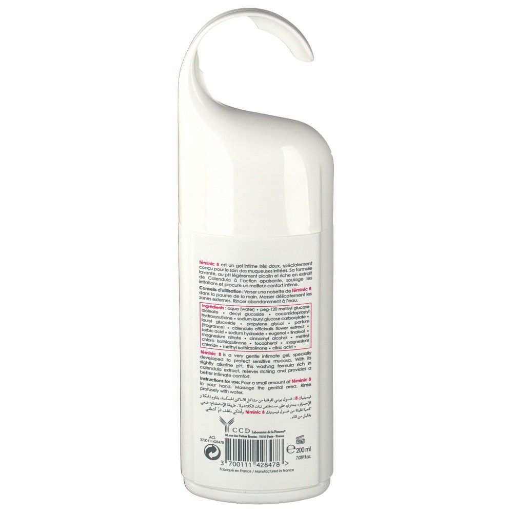 Arrière du flacon blanc de Féminic 8 gel intime avec instructions et ingrédients.