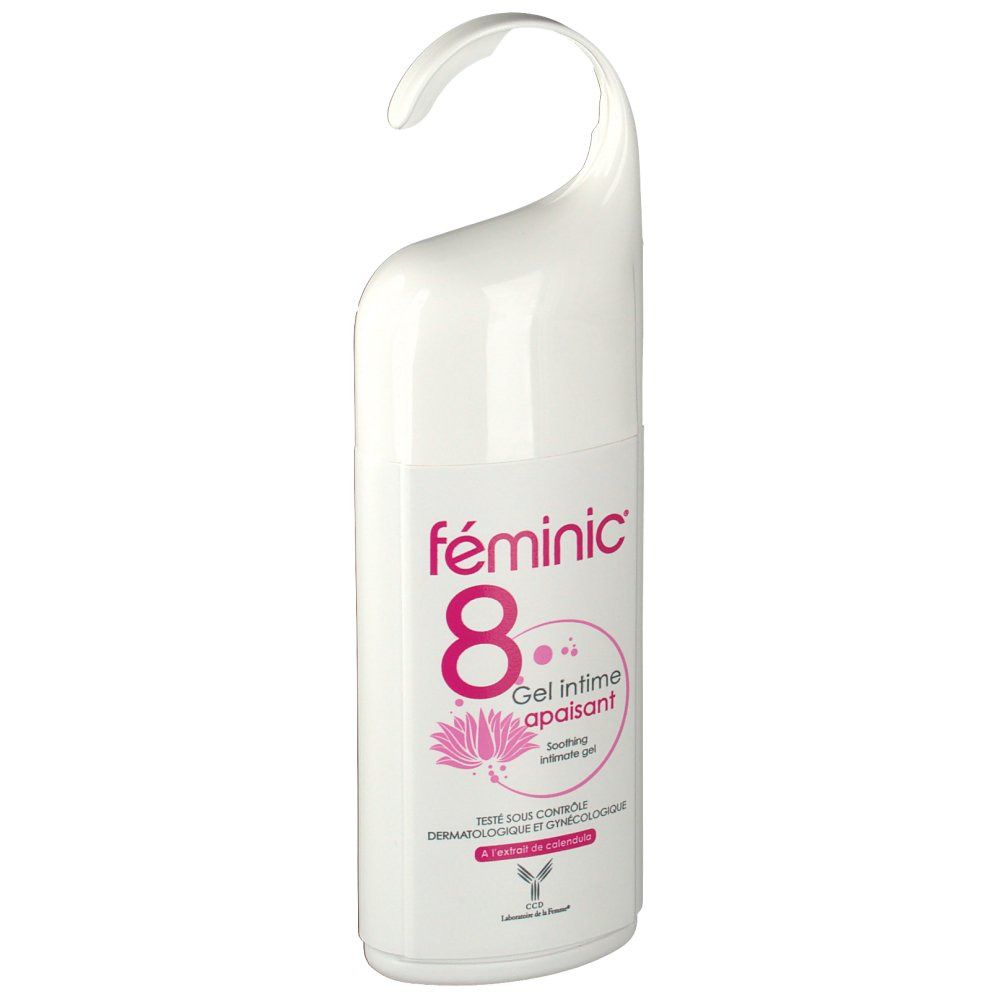 Féminic 8 gel intime apaisant dans un flacon blanc avec étiquette rose et fleur de lotus.