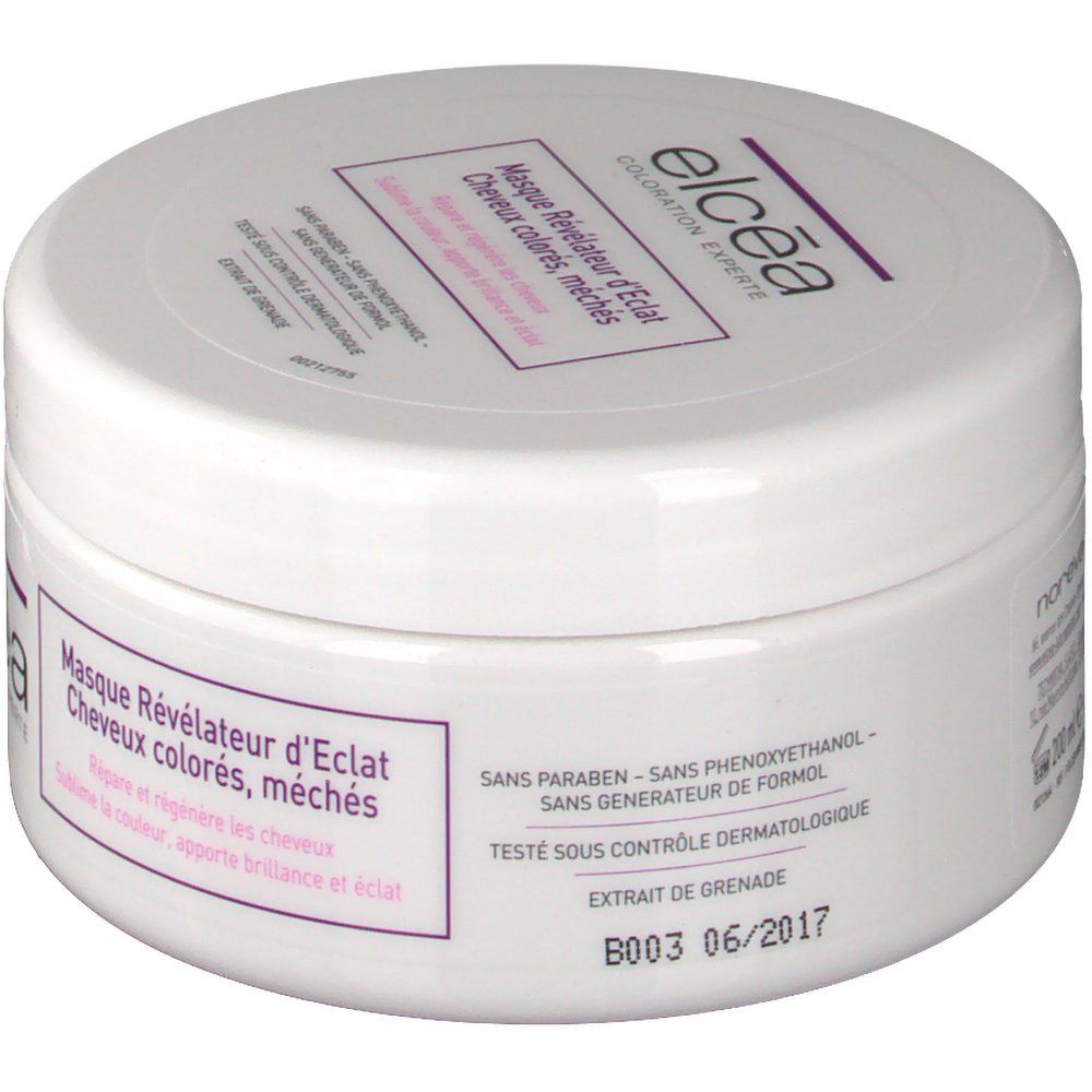 Runde, weiße Dose mit lila Etikett. Text: Elcéa, Masque Révélateur d'Eclat, Cheveux colorés, méchés. Datumsstempel: B003 06/2017.