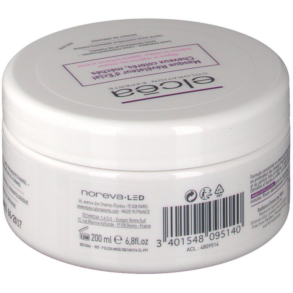 Weiße Dose mit lila Etikett. Text: Elcéa, Masque Révélateur d'Eclat, Cheveux colorés, méchés. Barcode und weitere Informationen.