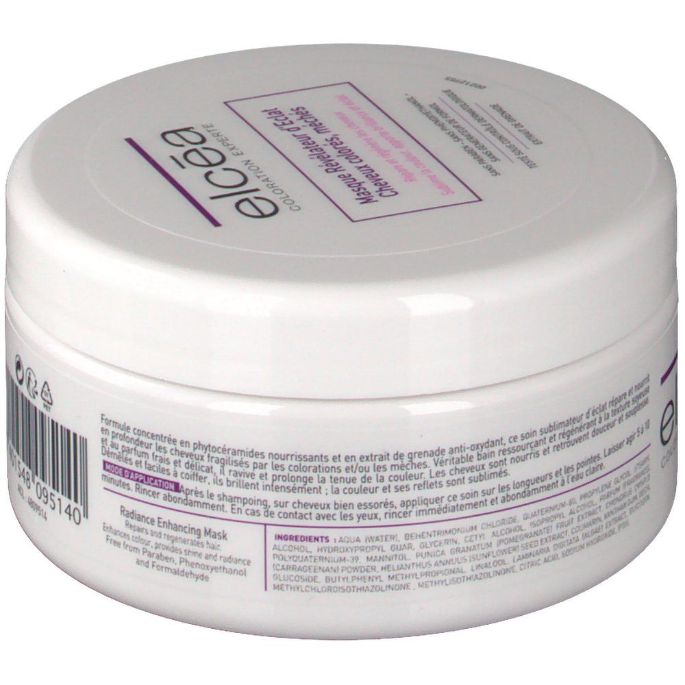 Weiße Dose mit lila Etikett. Text: Elcéa, Masque Révélateur d'Eclat, Cheveux colorés, méchés. Rückseite mit Inhaltsstoffen und Anwendung.