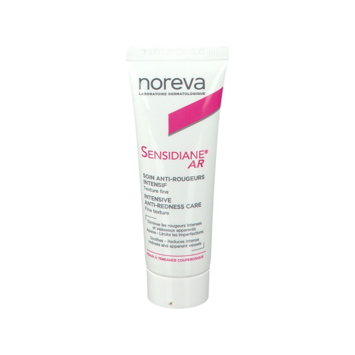 Tube mit Produkt Sensidiane AR Intensif. Weiß, mit rosa Akzenten und Schriftzug. Marke Noreva.