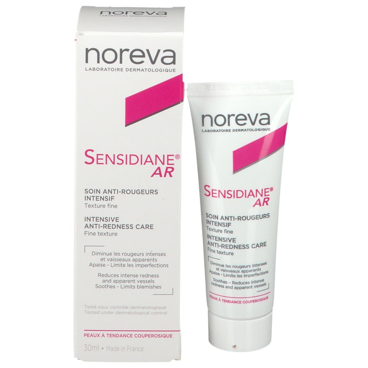 Produkt Sensidiane AR Intensif mit Verpackung. Tube und Schachtel. Marke Noreva. Anti-Rötungspflege.