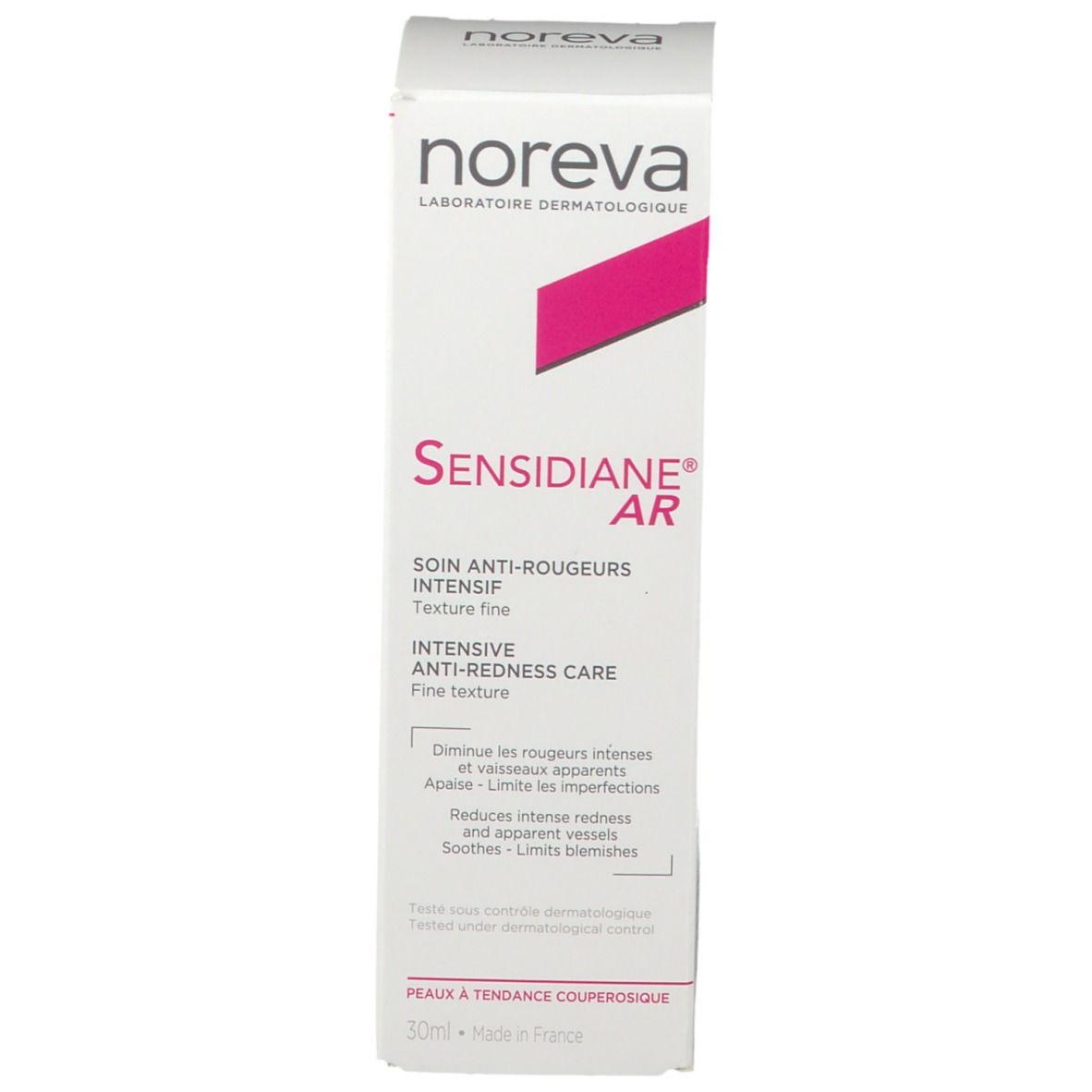 Verpackung von Sensidiane AR Intensif. Weiß mit rosa Akzenten. Marke Noreva. Anti-Rötungspflege.