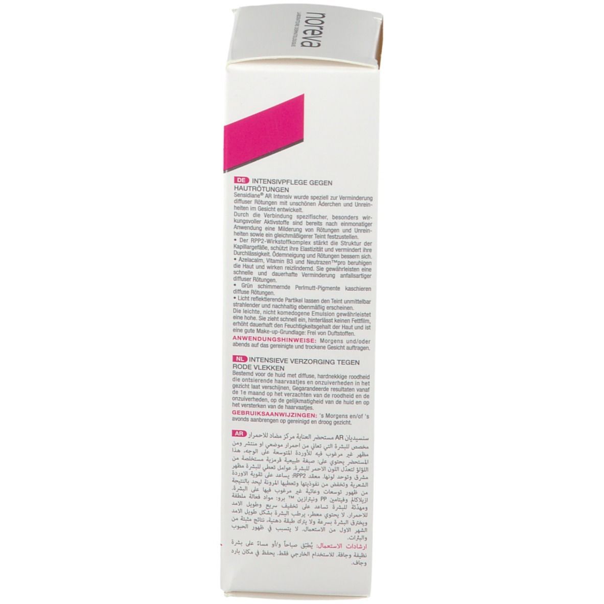 Rückseite der Verpackung von Sensidiane AR Intensif. Text in mehreren Sprachen. Marke Noreva.