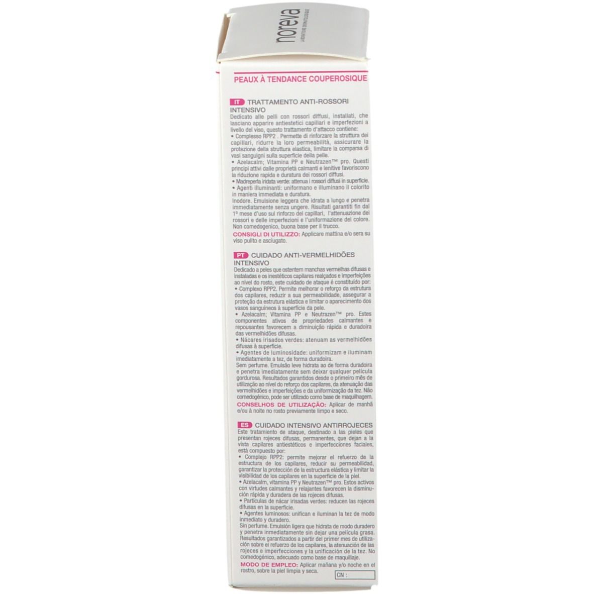Seite der Verpackung von Sensidiane AR Intensif. Text in mehreren Sprachen. Marke Noreva.