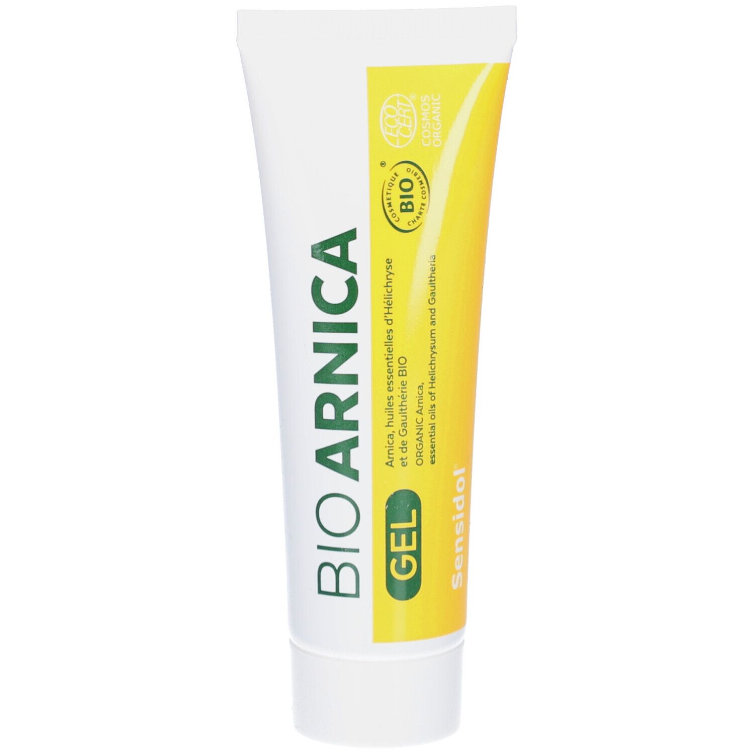 Tube blanche et jaune avec texte vert: BIO ARNICA GEL, Sensidol. Label bio. Contient huiles essentielles. Dès 3 ans.