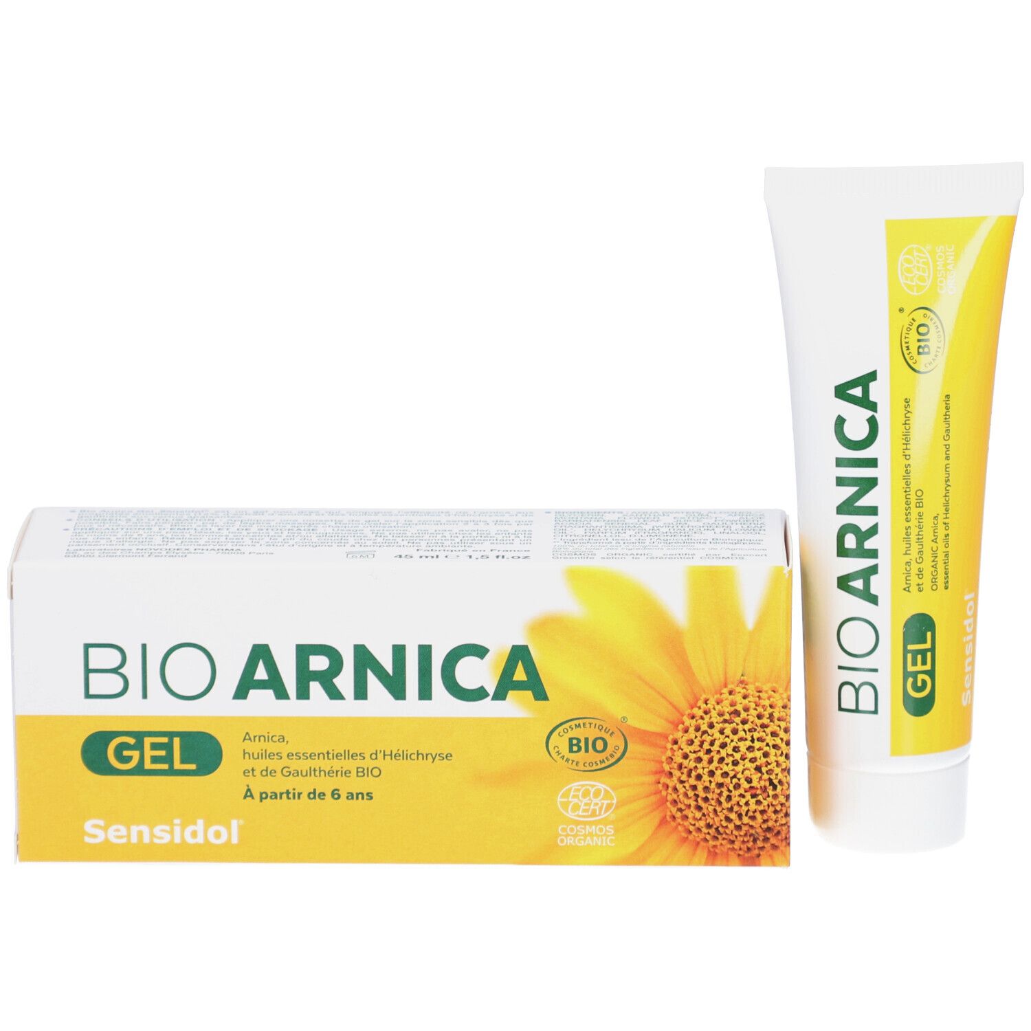 Emballage et tube. Boîte avec BIO ARNICA GEL, Sensidol. Fleur jaune. Label bio. Tube à côté.