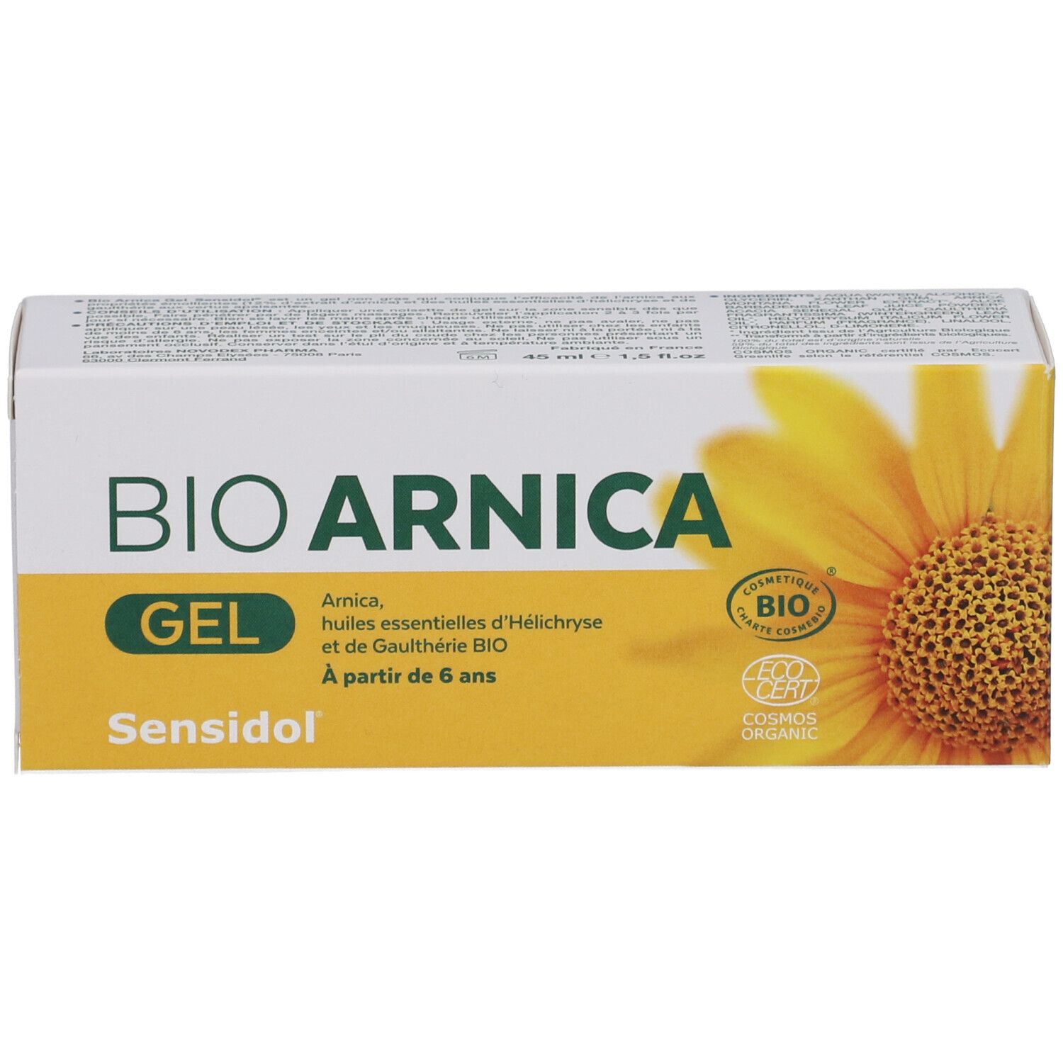 Emballage. Boîte avec BIO ARNICA GEL, Sensidol. Fleur jaune. Label bio. Contient huiles essentielles.
