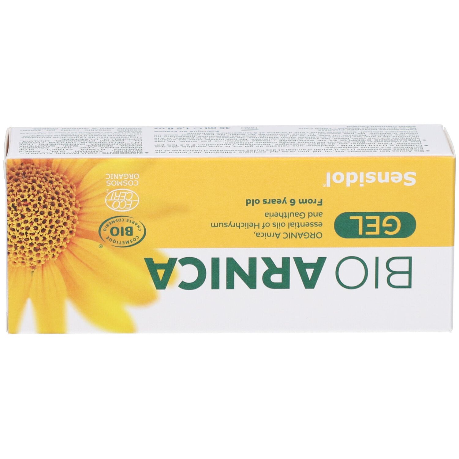 Dessus de l'emballage. BIO ARNICA GEL, Sensidol. Fleur jaune. Label bio. Contient huiles essentielles. Dès 3 ans.