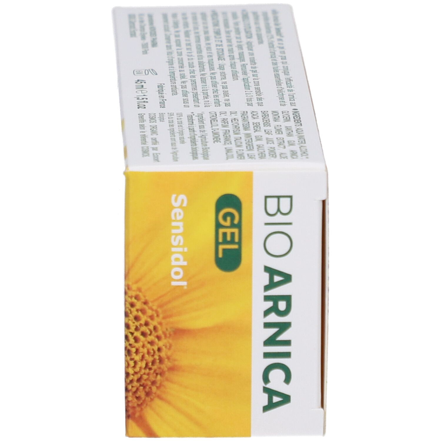 Vue latérale de l'emballage. BIO ARNICA GEL, Sensidol. Fleur jaune. Contient informations et texte.