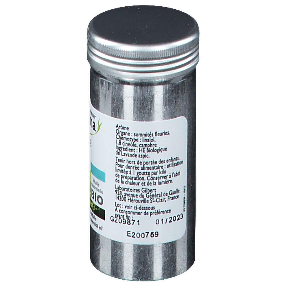 Zylindrische Metallflasche mit Schraubverschluss. Rückseite mit Text: Inhaltsstoffe, Chargennummer, Verfallsdatum und Herstellerinformationen.