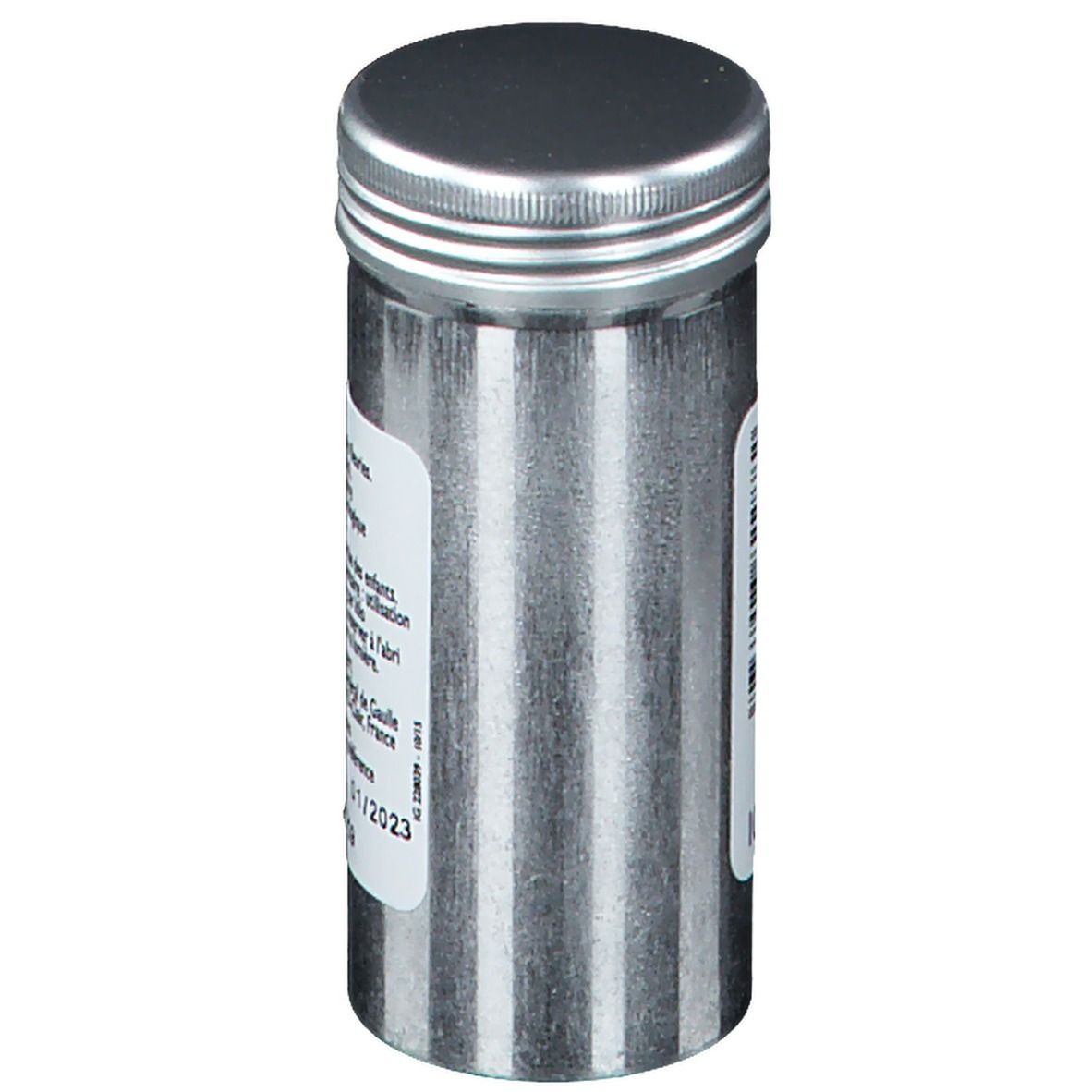 Zylindrische Metallflasche mit Schraubverschluss. Rückseite mit Text und Verfallsdatum 01/2023.