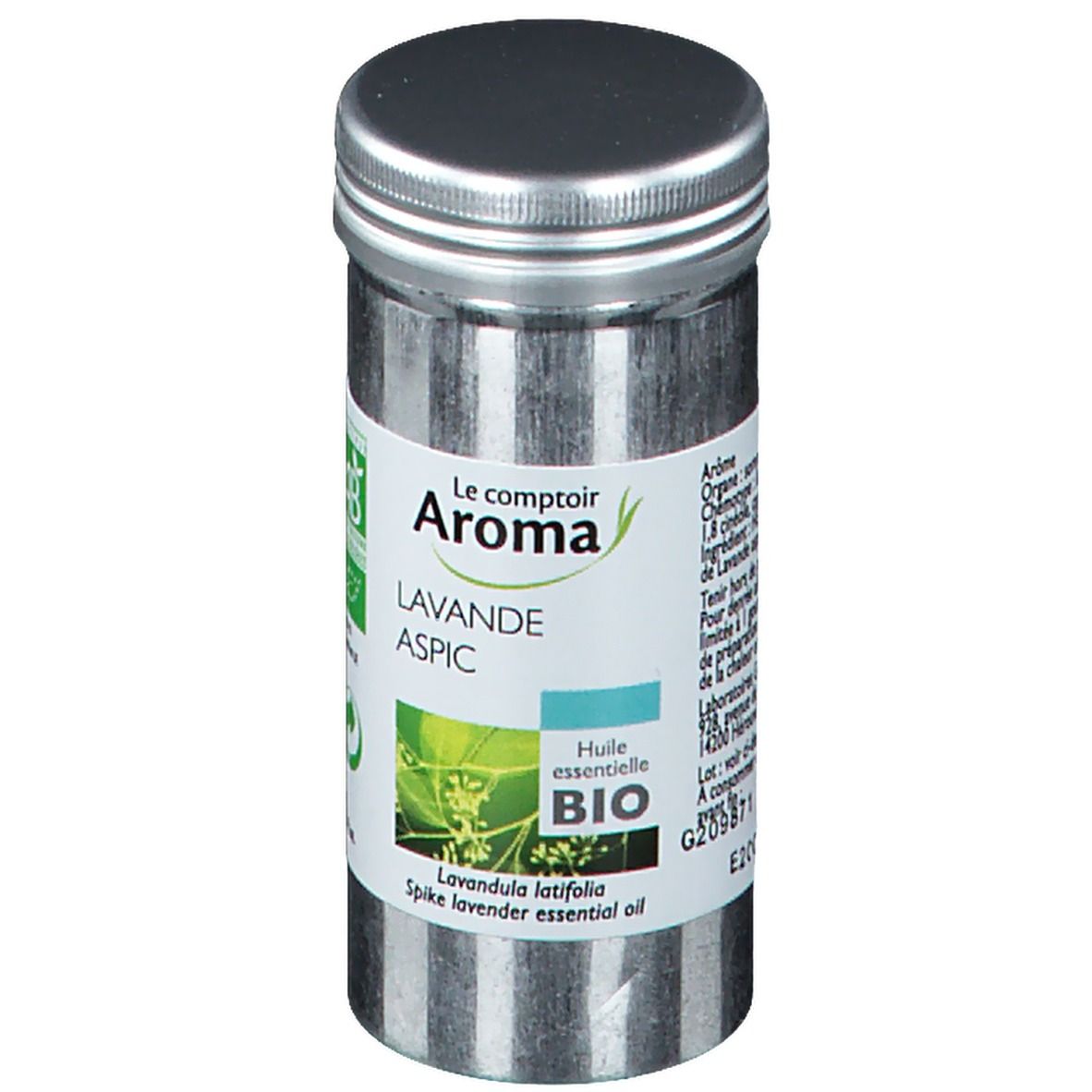 Zylindrische Metallflasche mit Schraubverschluss. Etikett mit Text: Lavande Aspic, Bio-Zertifizierung, und Produktinformationen.