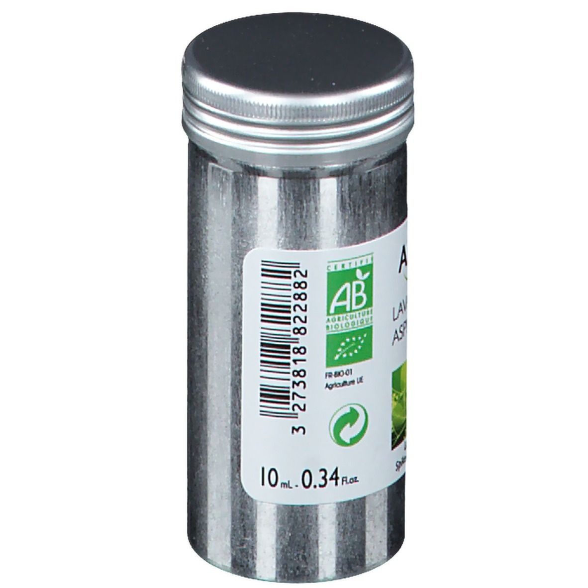 Zylindrische Metallflasche mit Schraubverschluss. Etikett mit Text: 10 ml, Bio-Zertifizierung, und Barcode.