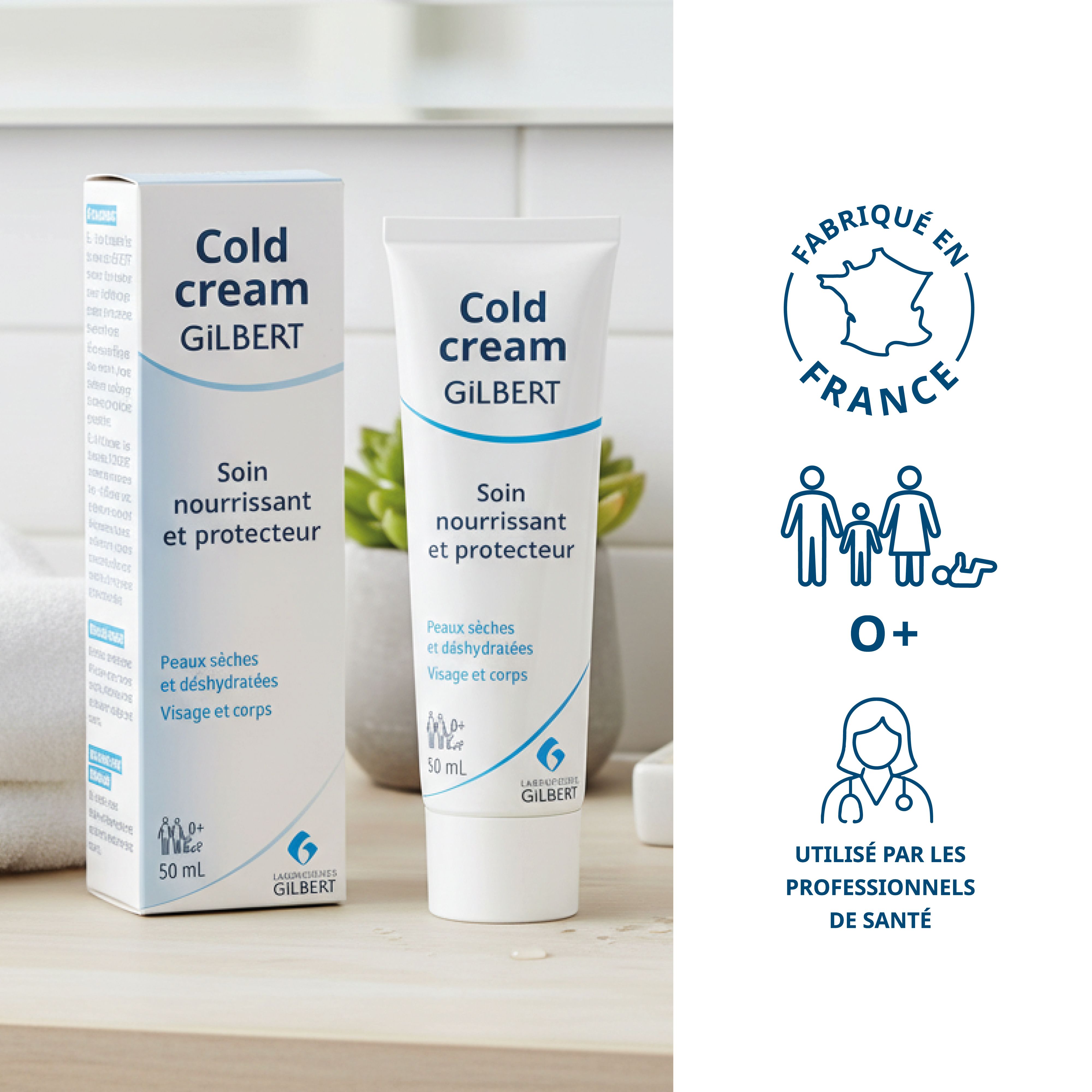 Cold cream GILBERT. Tube et boîte. Soin nourrissant et protecteur. Peaux sèches et déshydratées. 50 ml. Fabriqué en France.