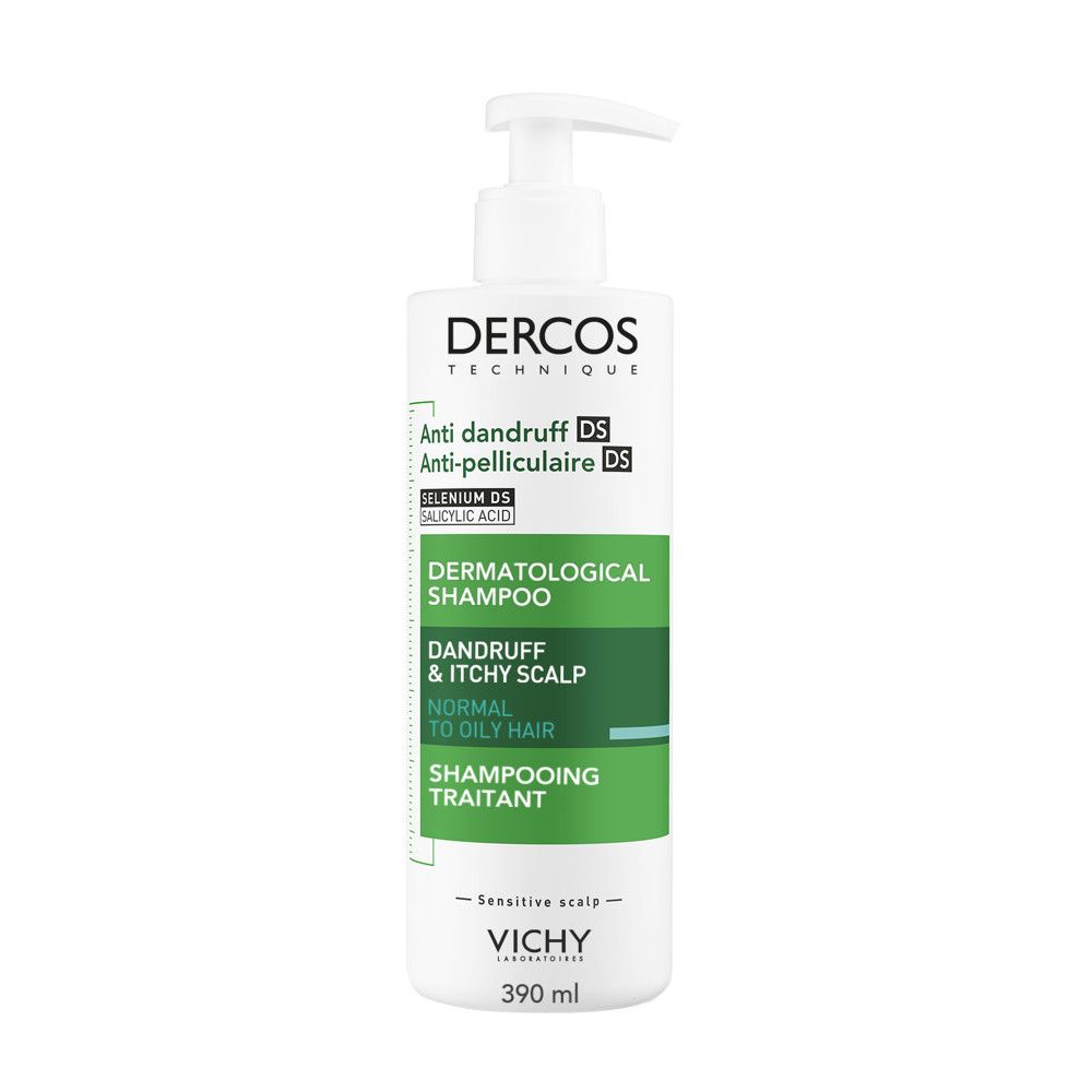 Weiße Flasche mit Pumpe. Dercos Anti-Schuppen-Shampoo. 390 ml.