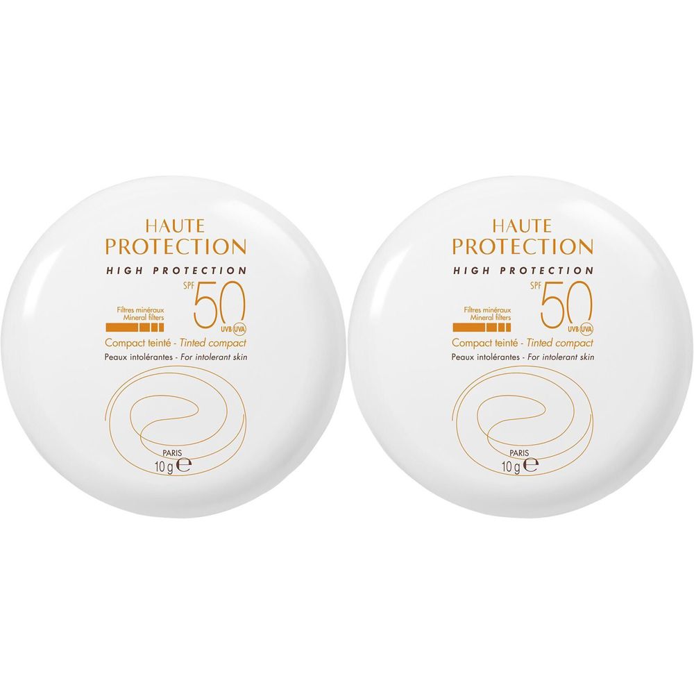 Weiße Schachtel mit Produktinformationen. Text: Haute Protection, SPF 50, Compact teinté, Doré-Honey. 10g.