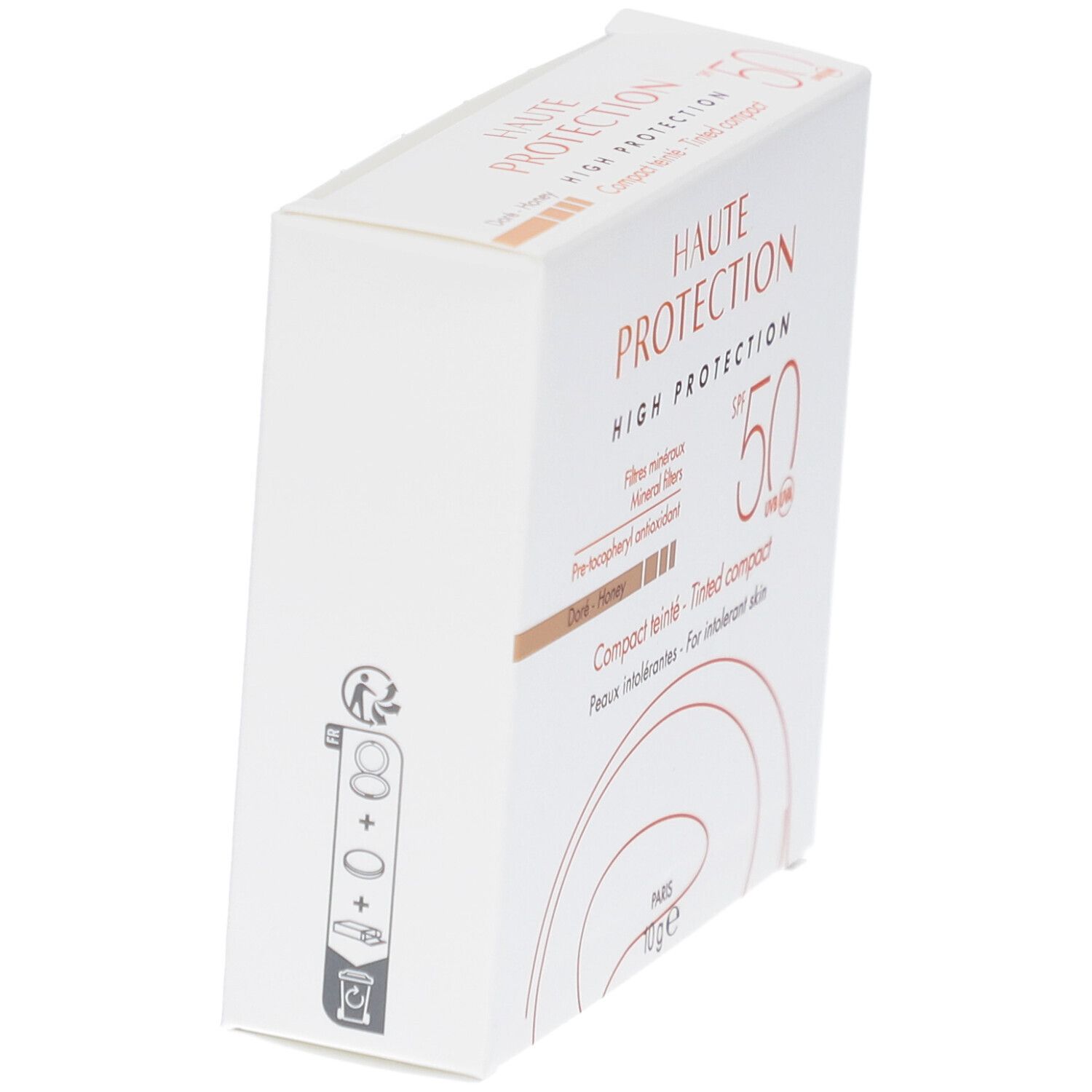 Weiße Schachtel mit Produktinformationen. Text: Haute Protection, SPF 50, Compact teinté, Doré-Honey. 10g.
