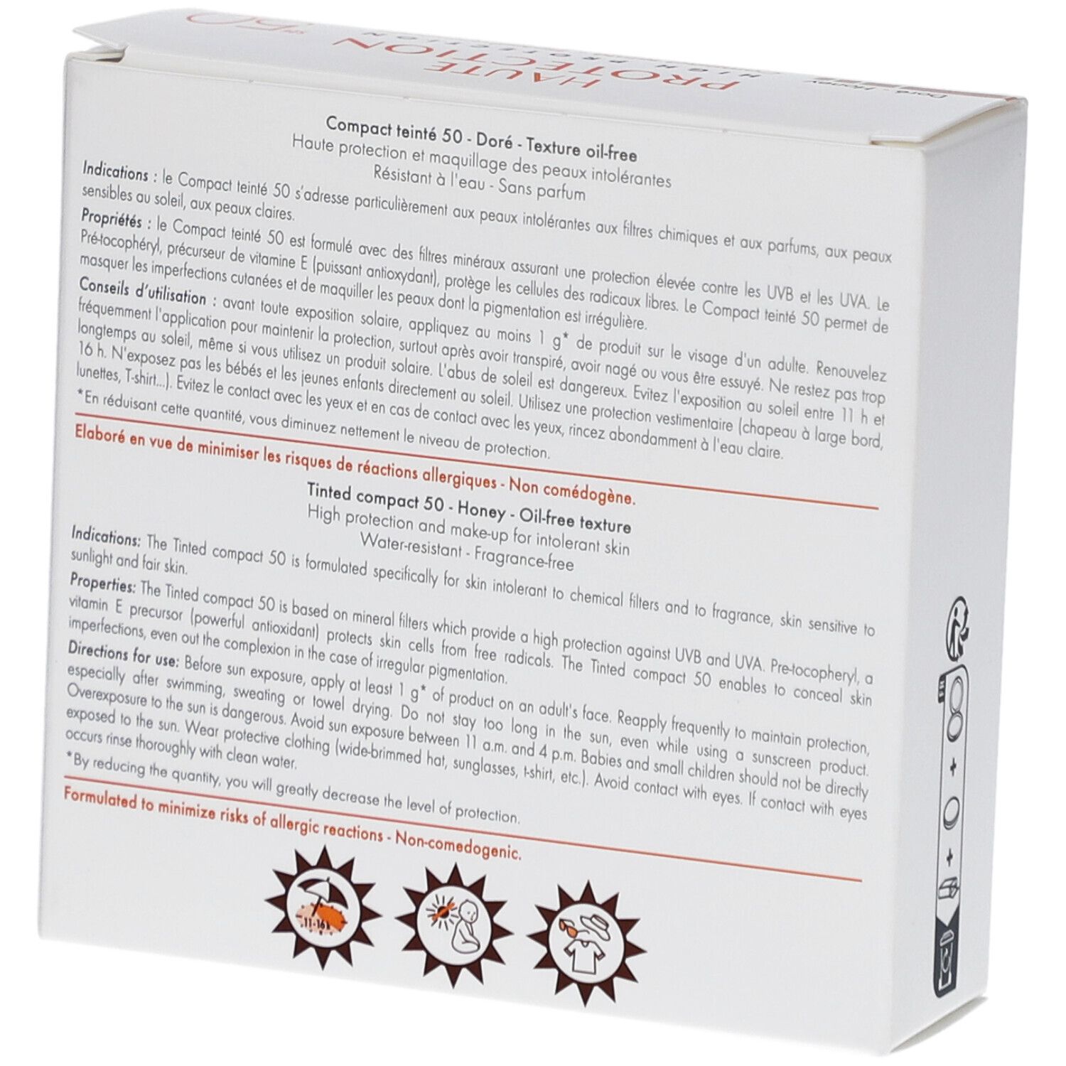 Weiße Schachtel, Seitenansicht. Text: Haute Protection, SPF 50, Compact teinté, Doré-Honey. 10g. Piktogramme.