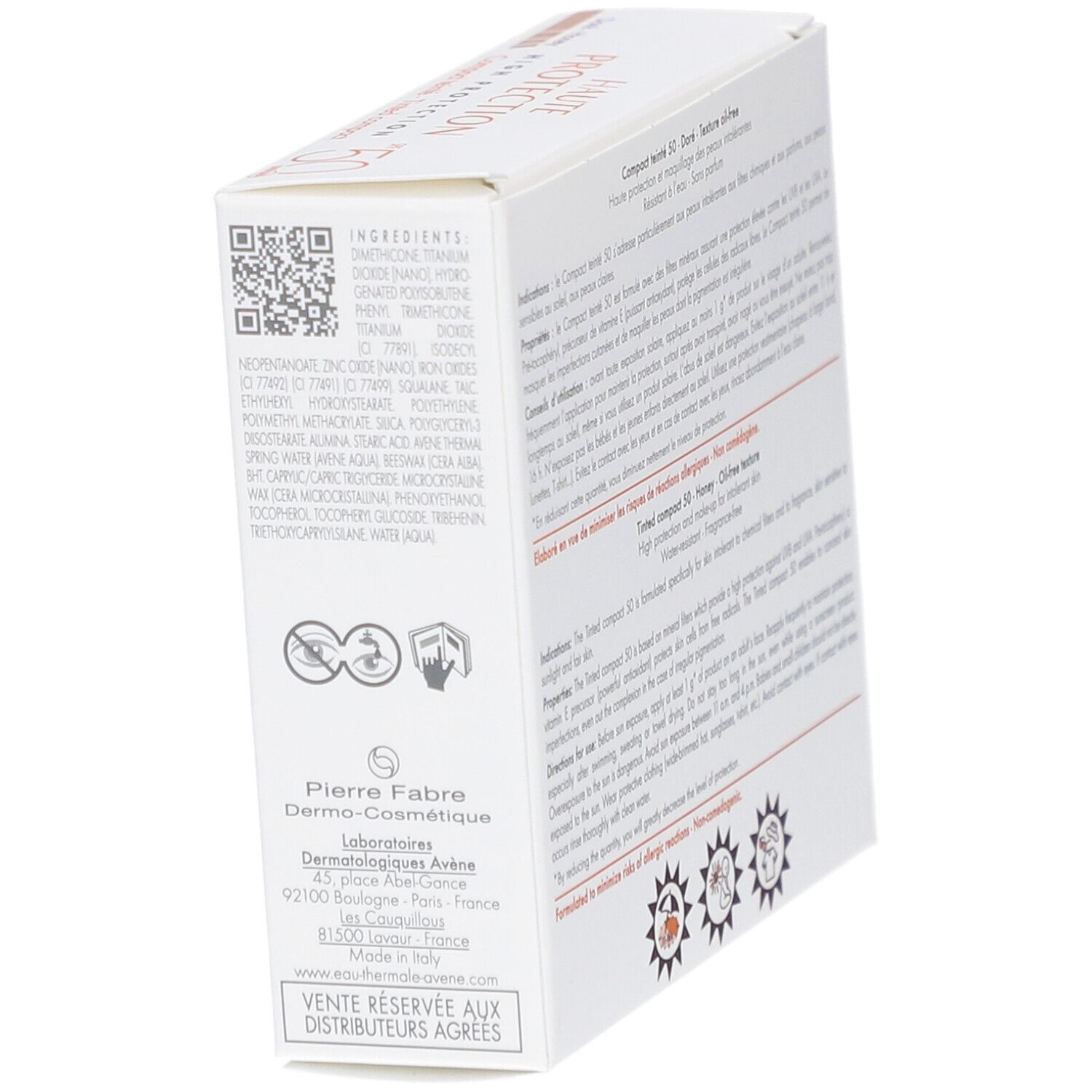 Rückseite der weißen Schachtel. Text: Compact teinté 50, Doré-Honey. Inhaltsstoffe, Anwendungshinweise, Warnhinweise.