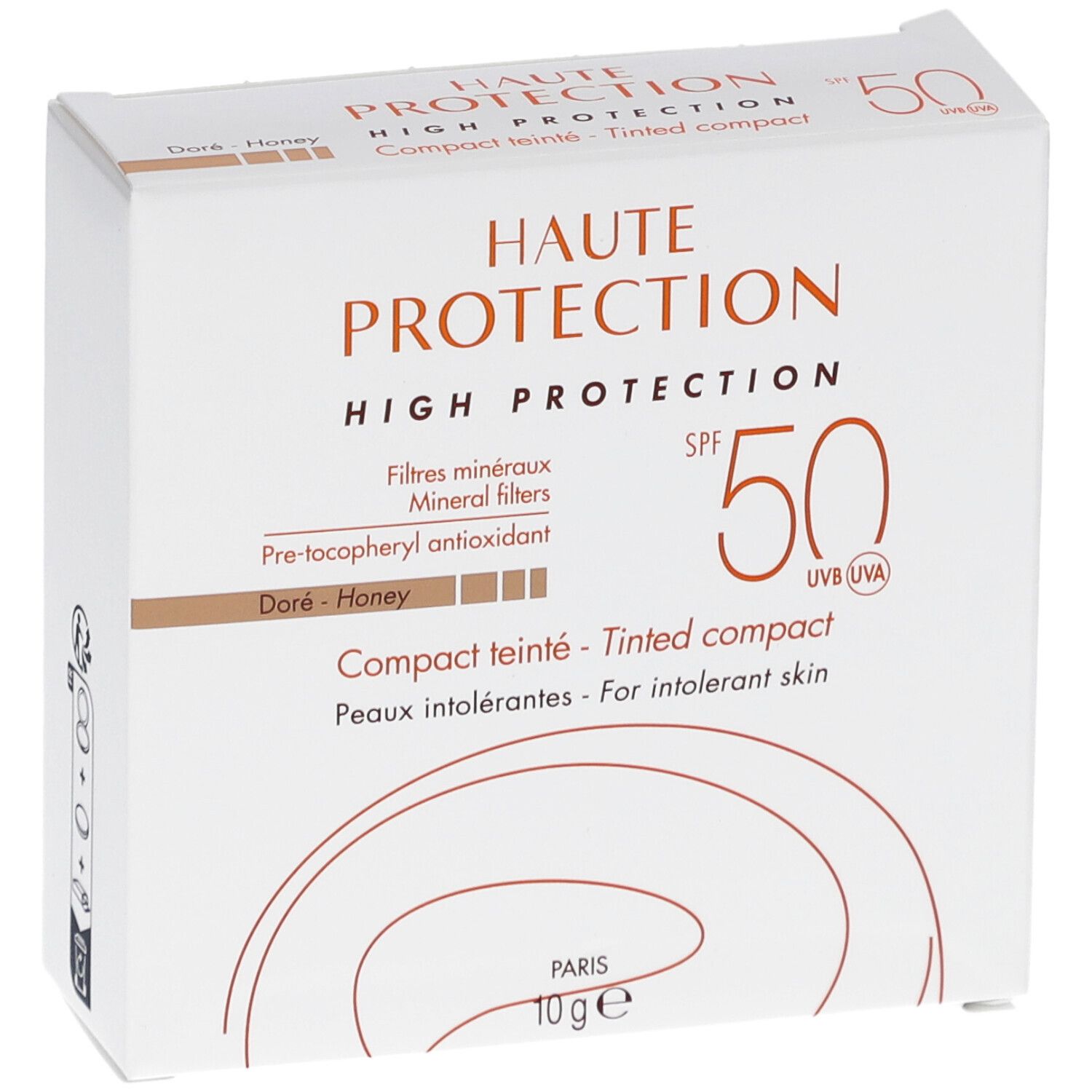 Weiße Schachtel mit Produktinformationen. Text: Haute Protection, SPF 50, Compact teinté, Doré-Honey. 10g.
