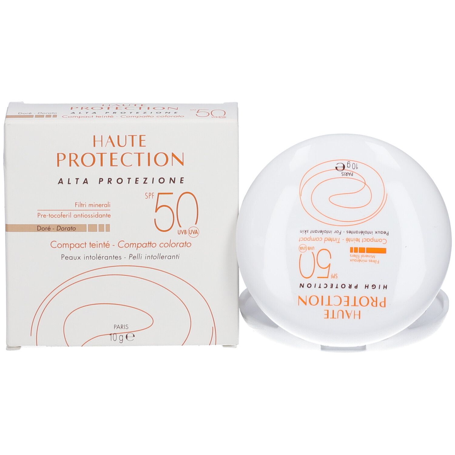Weiße Schachtel mit Produktinformationen. Text: Haute Protection, SPF 50, Compact teinté, Doré-Honey. 10g.